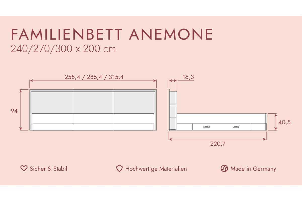 Familienbett Anemone (240 x 200 cm/ 270 x 200 cm/ 300 x 200 cm)