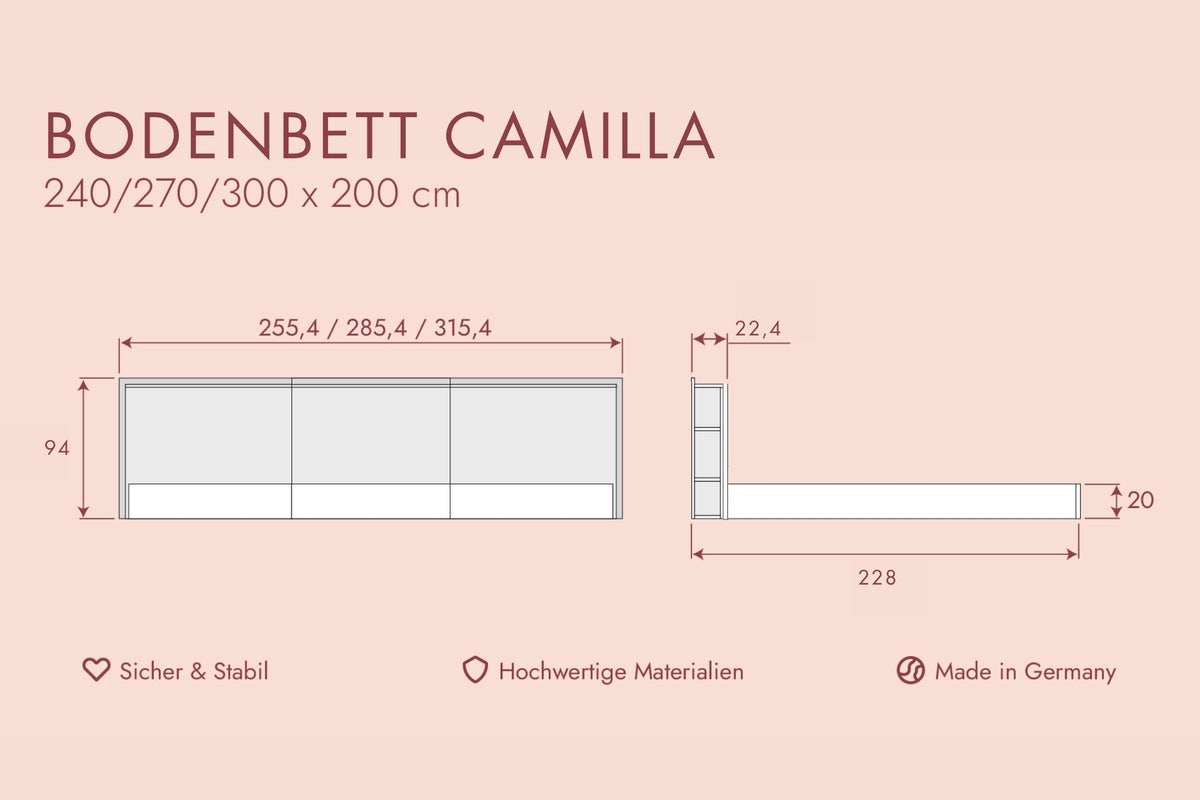 Bodenbett Camilla Familienbett mit Stoff (240 x 200 cm/ 270 x 200 cm/ 300 x 200 cm)