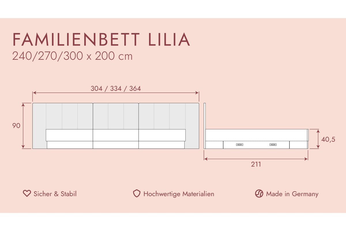 Familienbett Lilia mit veganem Leder (240 x 200 cm/ 270 x 200 cm/ 300 x 200 cm)