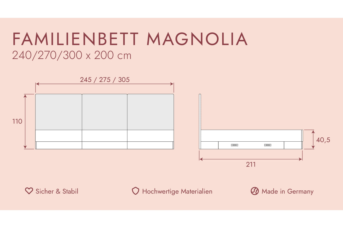 Familienbett Magnolia mit Stoff (240 x 200 cm/ 270 x 200 cm/ 300 x 200 cm)