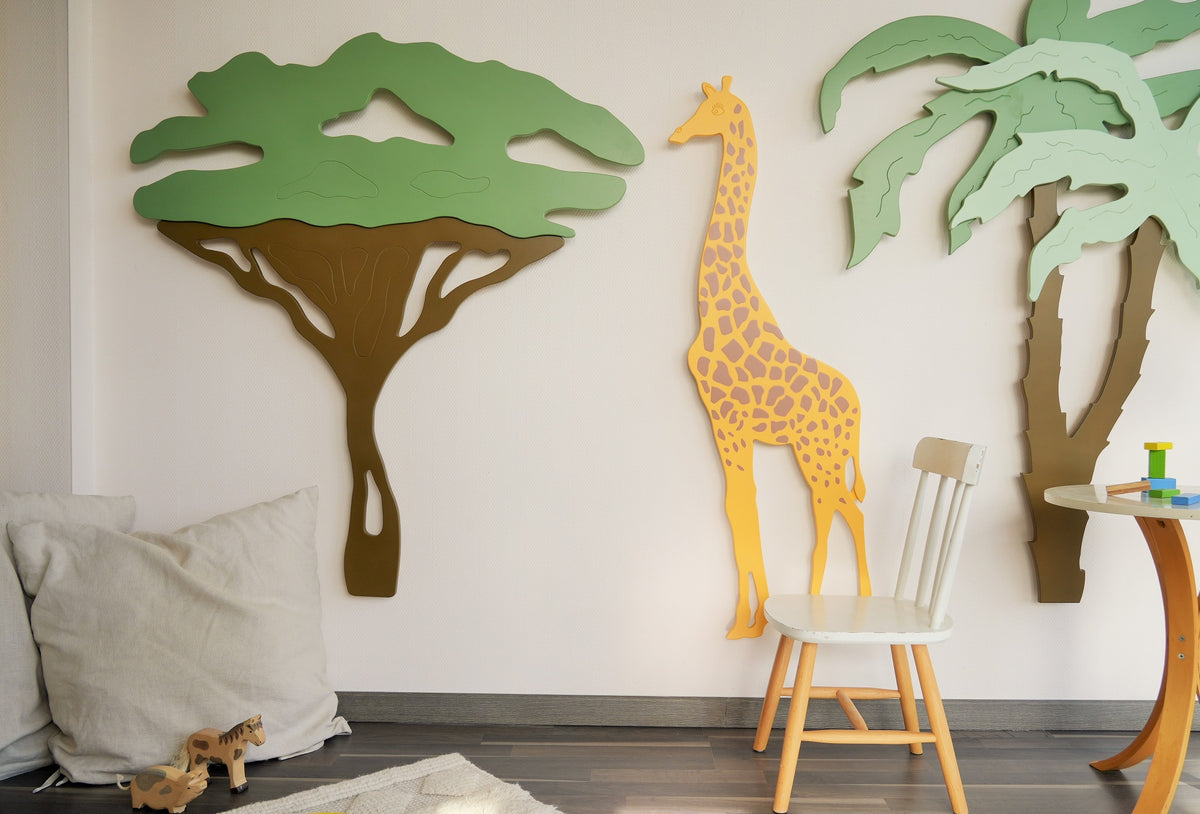 Wandbilder "Akazie", "Giraffe" und "Palme" an der Wand