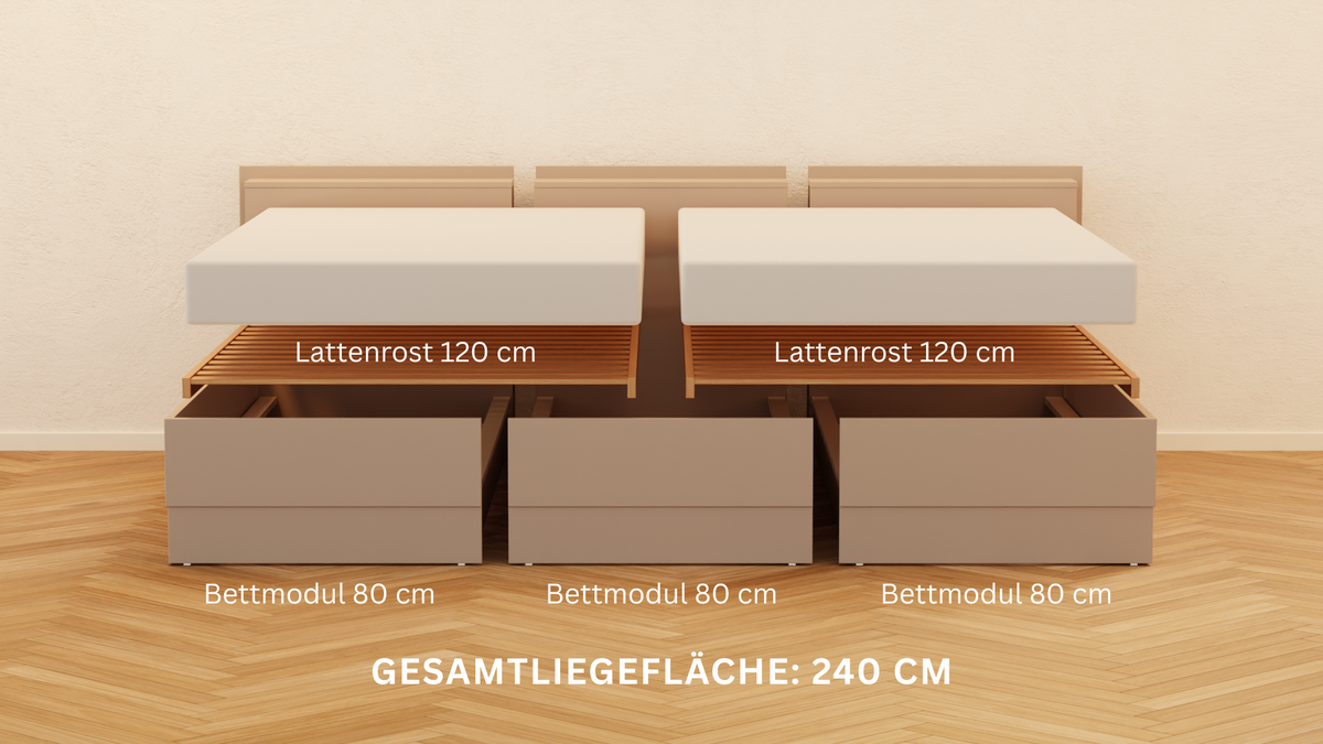 Modellvorschau für eine Sonderanfertigung des Familienbetts mit zwei Lattenrosten mit je 120 cm