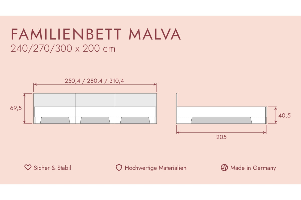Familienbett Malva (240 x 200 cm/ 270 x 200 cm/ 300 x 200 cm)